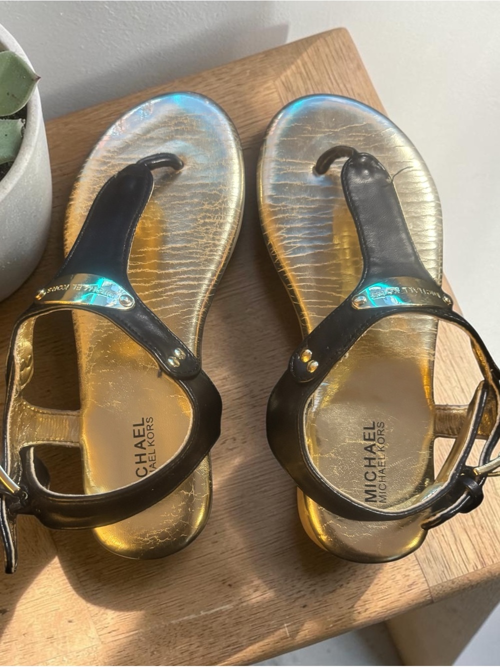 Michael Kors Black Strap Sandals with Gold Footbed